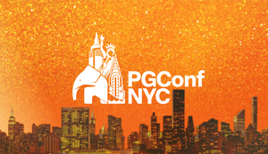 View of NYC skyline with orange glitter background and PGConf NYC logo