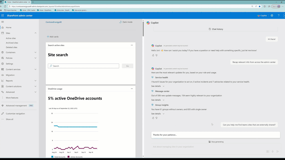 A moving image of Copilot for SharePoint admins.