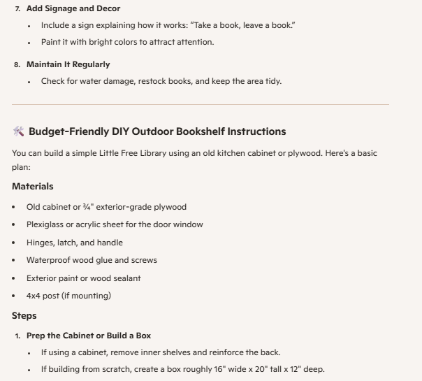 DIY bookshelf materials list and steps from Microsoft Copilot.