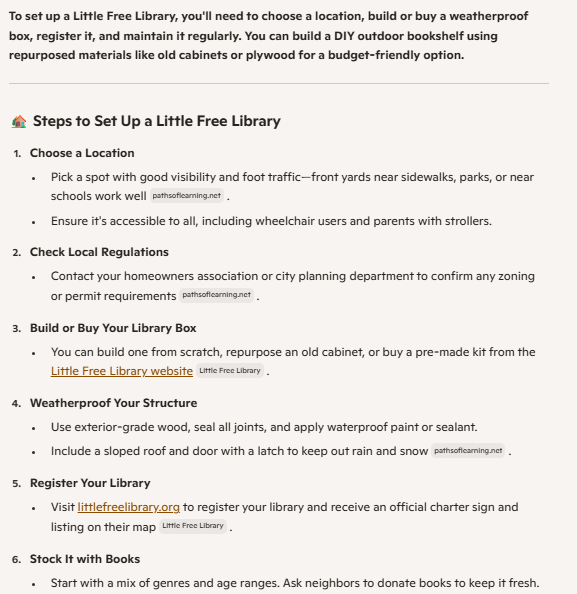 Steps to set up a little free library from Microsoft Copilot.