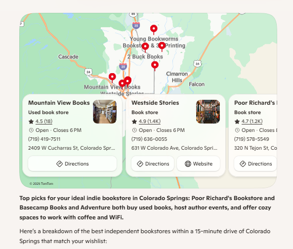 A map of bookstores in Colorado Springs from Microsoft Copilot.