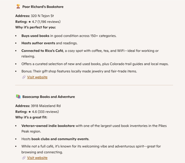 Two bookstore recommendations from Microsoft Copilot in Colorado Springs.