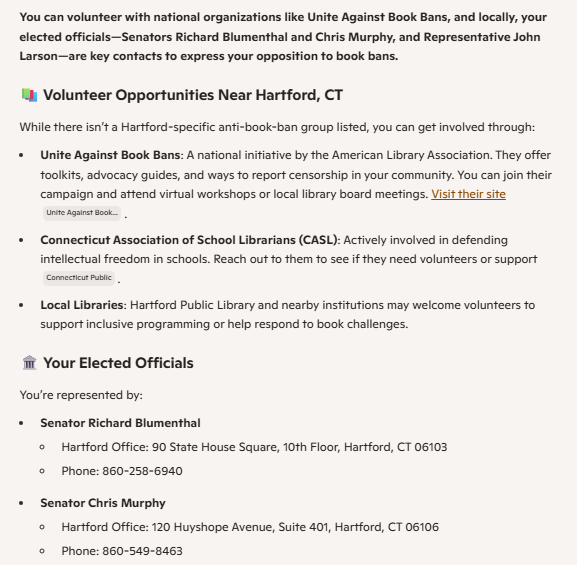 A screenshot of a Microsoft Copilot response about book ban volunteer opportunities and elected officials to contact in Hartford, CT.