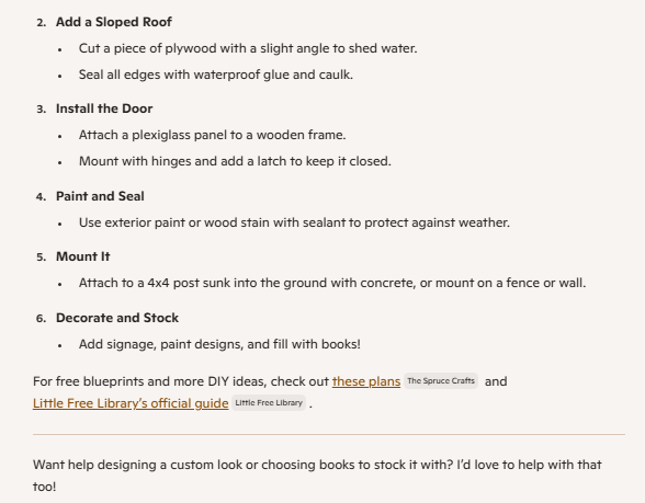 Steps to create a bookshelf for a little free library from Microsoft Copilot.