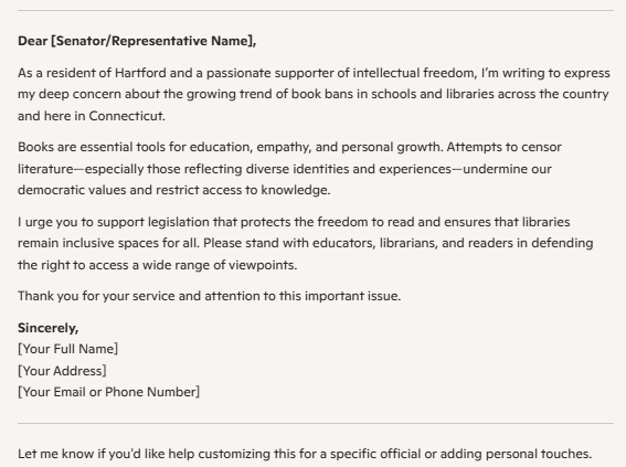 A letter from Microsoft Copilot to a representative or senator in Connecticut about book bans.