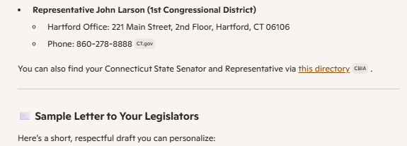 A screenshot of a Microsoft Copilot response for a representative to contact about book bans in Connecticut.