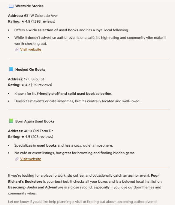 Three bookstores recommendations from Microsoft Copilot in Colorado Springs.