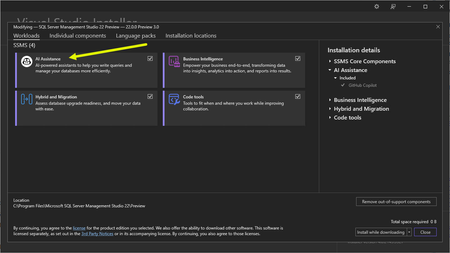 Screenshot of installing SSMS 22 Preview 3 and selecting the AI Assistance workload