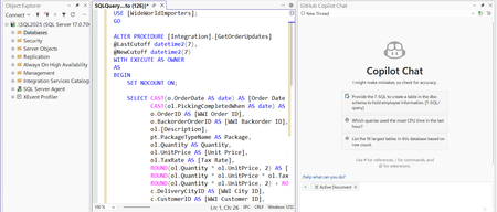 Screenshot of GitHub Copilot in SSMS chat window and query editor