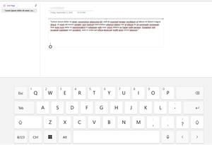 A screenshot of a new notebook in Microsoft OneNote with the touch keyboard appearing on the canvas.