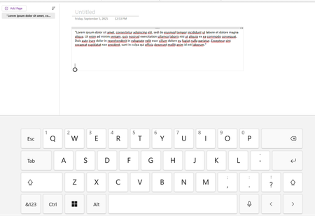 A screenshot of a new notebook in Microsoft OneNote with the touch keyboard appearing on the canvas.
