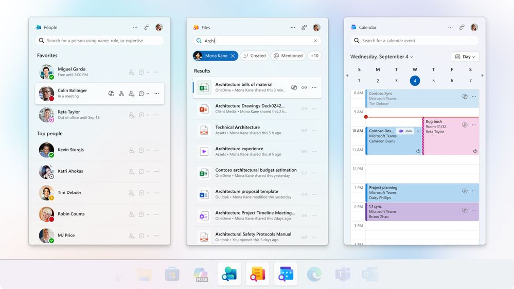 A screenshot of the People, Files, and Calendar apps.