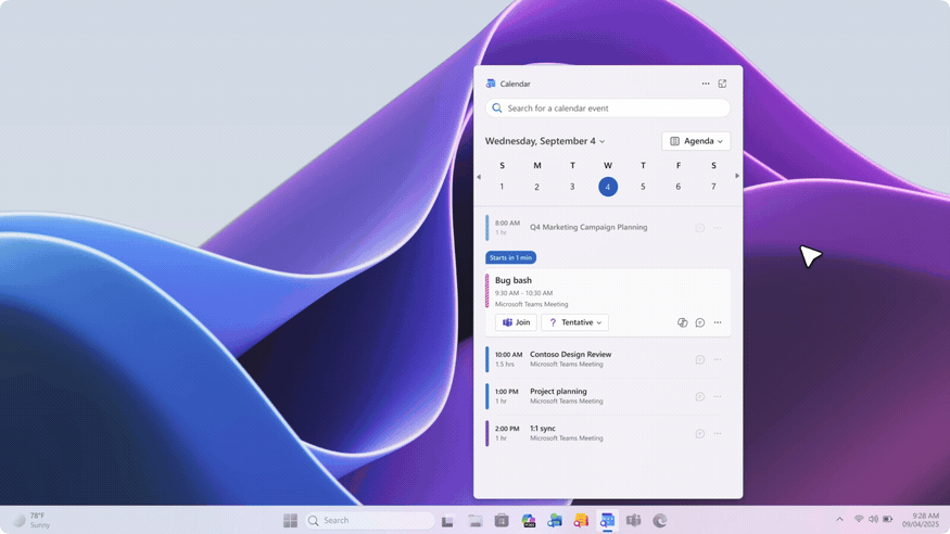 A moving image of using Copilot in the Calendar app to ask about a meeting.