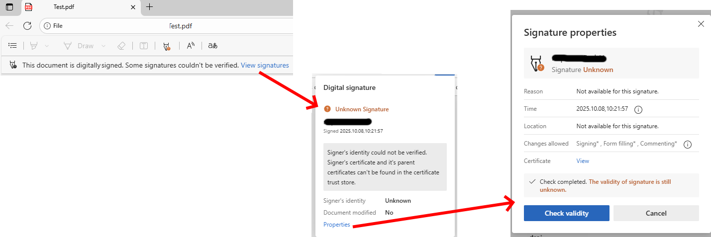 Microsoft Edge PDF Reader - signature validation warning for official ...