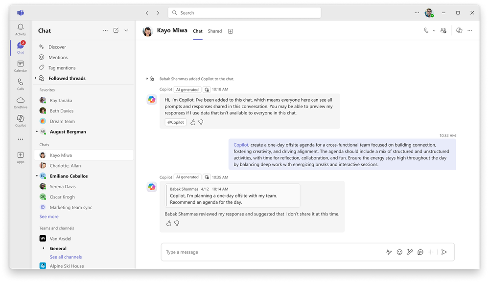 A screenshot of Microsoft Copilot's response in Teams to rejecting a response be shared.