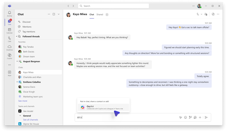 A screenshot of someone adding Copilot to a Microsoft Teams chat.