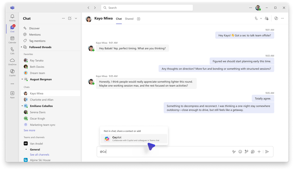 A screenshot of someone adding Copilot to a Microsoft Teams chat.