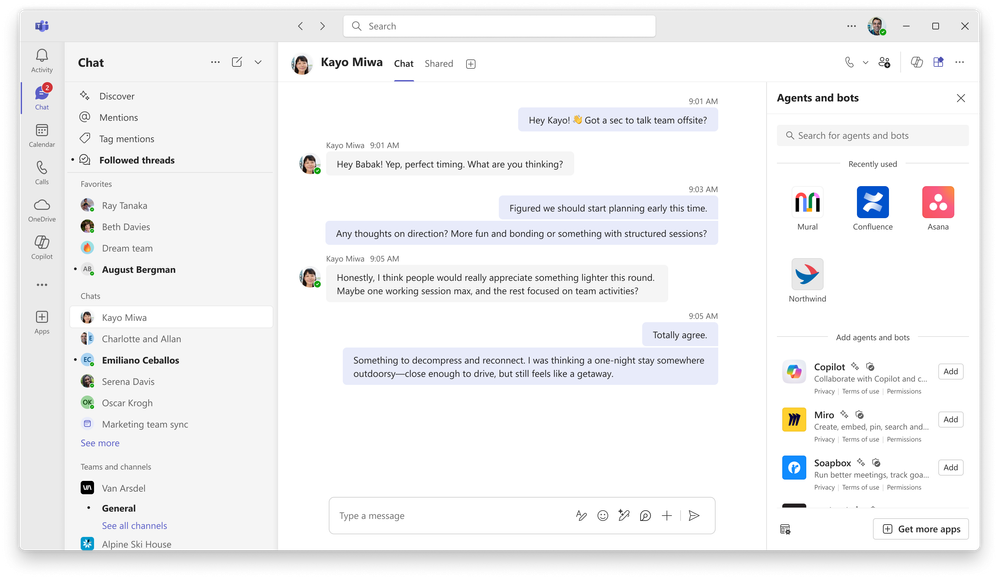 A screenshot of the Agents and bots pane in Microsoft Teams chat.