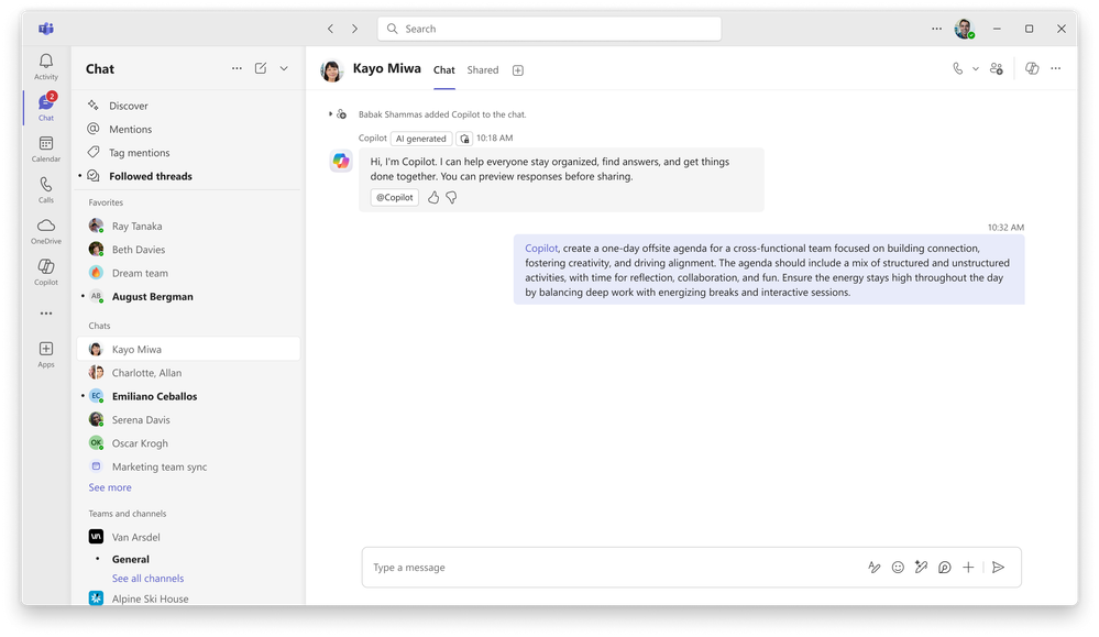 A screenshot of someone asking Copilot in a Microsoft Teams chat to make an agenda.