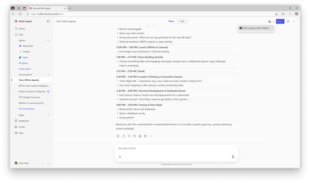 A screenshot of the Start a group chat in Teams option in Microsoft 365 Copilot.
