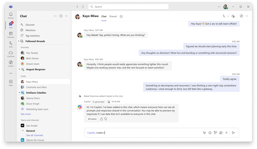 A screenshot of Copilot's welcome message when added to a Microsoft Teams chat.