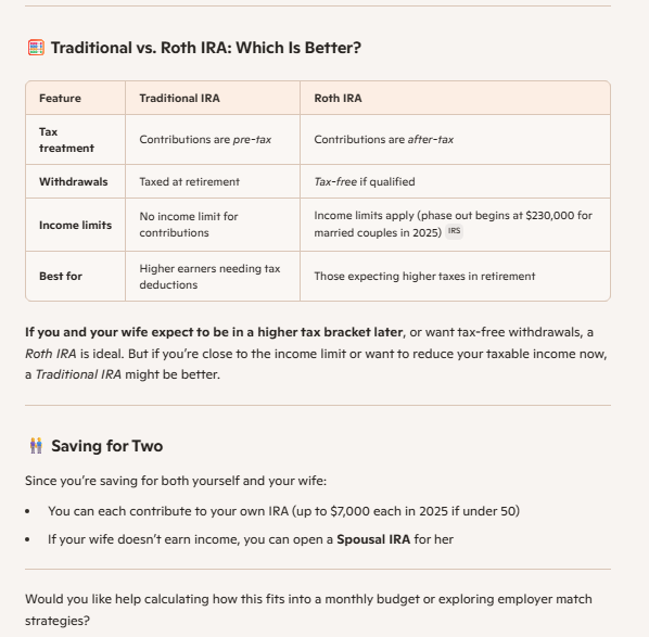 A Microsoft Copilot response explaining the difference between a traditional and a roth IRA in a table.