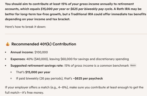 A Microsoft Copilot response providing information on how much to contribute to a 401(K) if you make $100,000 a year pre-tax in bullets.