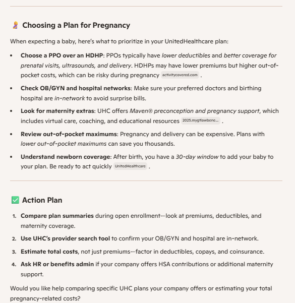 A Microsoft Copilot response providing advice for choosing a plan if you're pregnant in bullets.