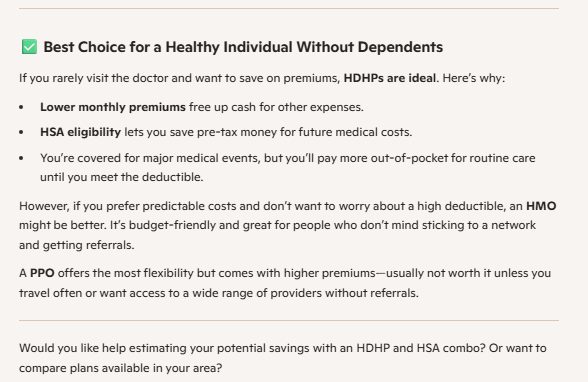 A Microsoft Copilot response for choosing between an HMO, PPO, and HDHP for a healthy individual.