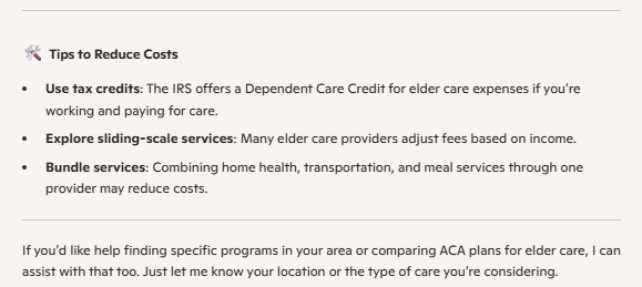 A Microsoft Copilot response providing tips for reducing costs when considering elder care options.
