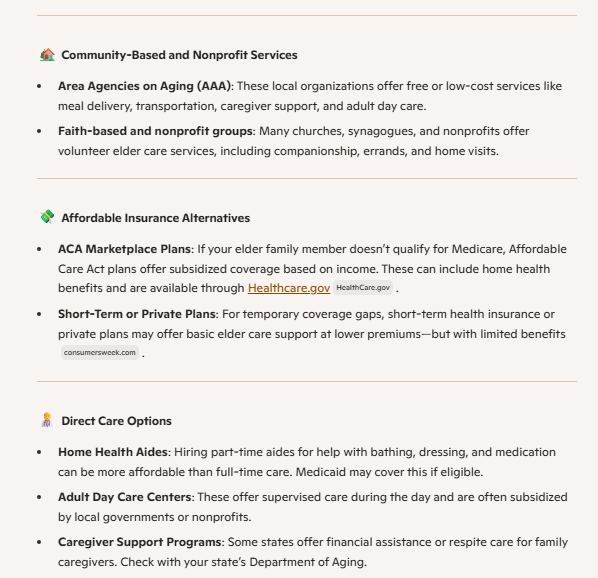 A Microsoft Copilot response for low-cost elder care options in community-based programs and affordable insurance options.