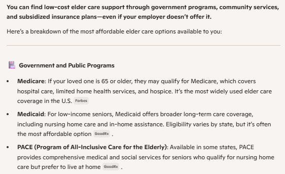 A Microsoft Copilot response providing a bulleted list of low-cost elder care options through the government or local organizations.