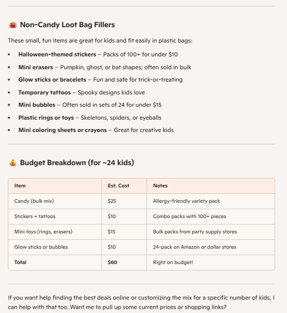 A Microsoft Copilot response for non-candy items to put in a kids Halloween goodie bag, and a table breaking down the budget for candy and other items in a goodie bag.
