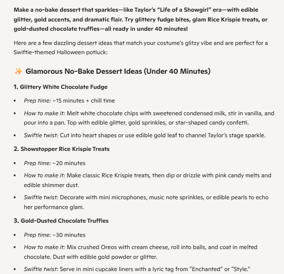 A Microsoft Copilot response for Taylor Swift themed Halloween desserts, including fudge and Rice Krispie treats.