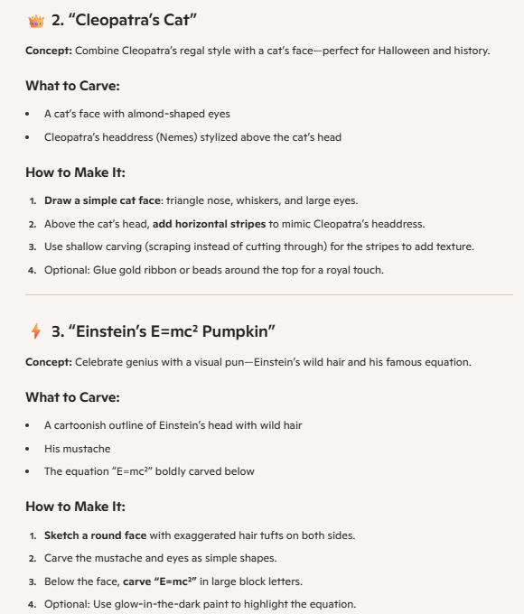 A Microsoft Copilot response for pumpkin carving ideas with directions for creating Cleopatra's cat or Einstein's E=mc2.