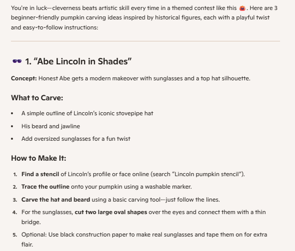 A Microsoft Copilot response to pumpkin carving ideas with directions for creating Abe Lincoln with shades.