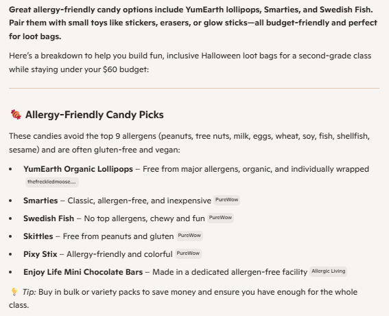 A Microsoft Copilot response for allergy-free candy ideas for a kids Halloween goodie bag.
