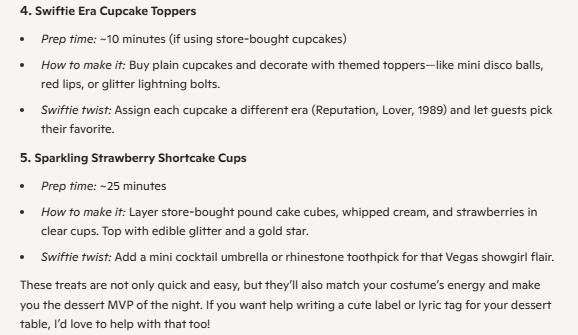 A Microsoft Copilot response for Taylor Swift themed Halloween desserts including cupcakes and strawberry shortcake bites.