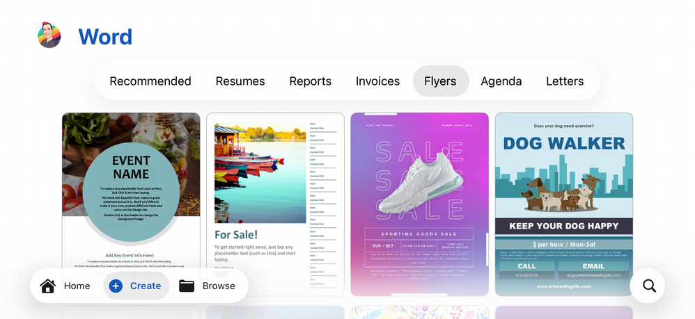 A screenshot of the category filters in Microsoft Word for iOS.