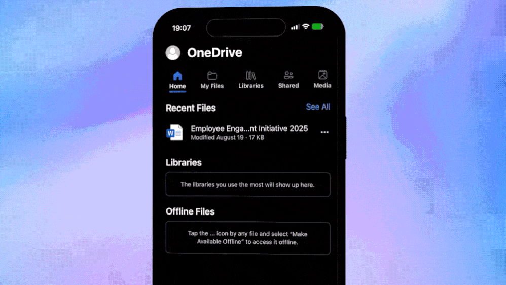 A moving image of the Generate an Audio Overview feature in Microsoft OneDrive on mobile.