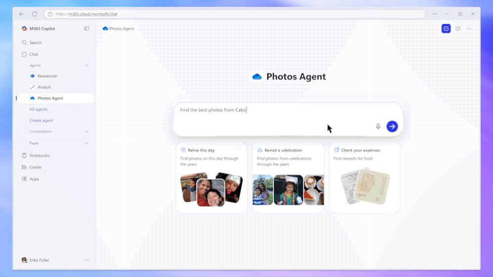 A moving image of Photos Agent in Microsoft 365 Copilot.
