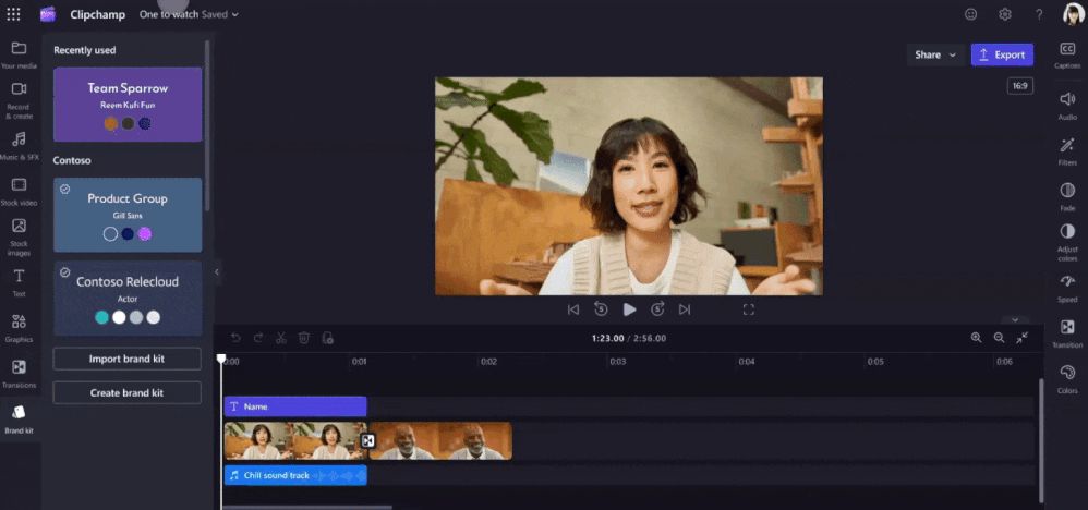 The brand kit options in Microsoft Clipchamp.