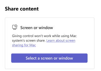 A screenshot of selecting a screen or window while in the macOS screen sharing experience in Microsoft Teams.