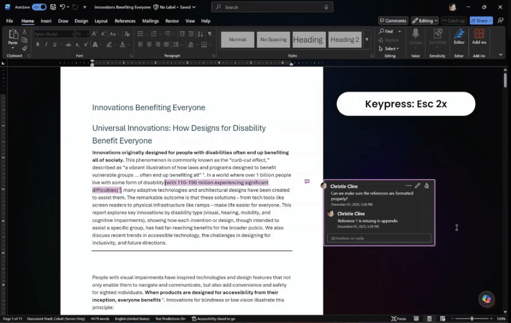 A moving image of the Esc keyboard shortcut for navigating comments in Microsoft Word.