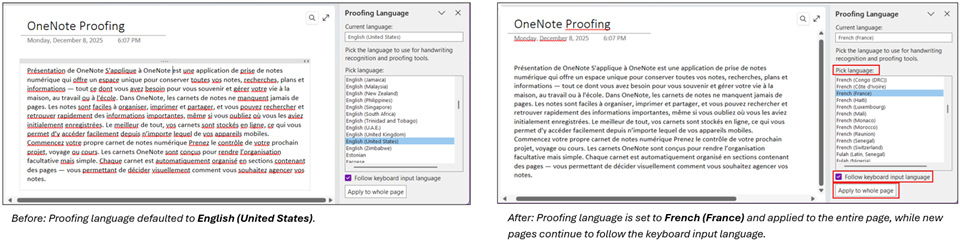 A screenshot of the Microsoft OneNote Proofing Language settings.