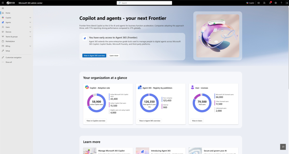 An image showing the new Microsoft 365 admin center home page for AI administrators at the fictional company Zava.