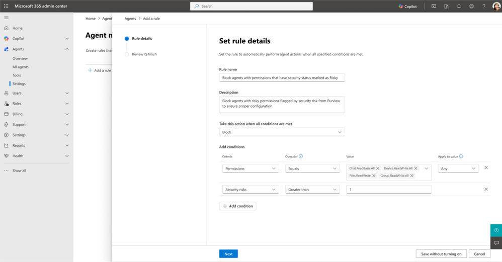 an image displaying the admin experience for creating a rule which governs agent management automation, showing the rule details including the rule name, description, action, and conditions.