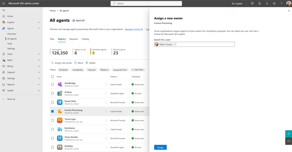 an image showing the process of identifying agents with a missing owner and assigning a new owner to an agent.