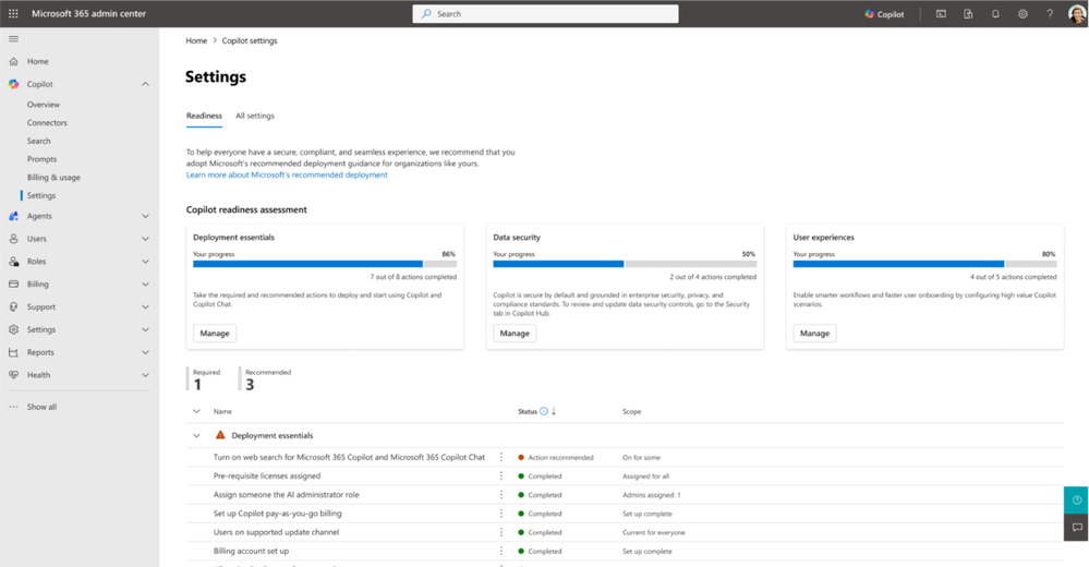 An image showing the new readiness tab under Copilot settings in the Microsoft 365 admin center.