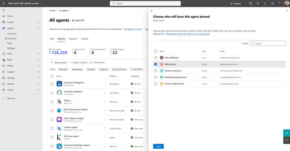 an image displaying the Agent inventory in the Microsoft 365 admin center showing the process of pinning the Sales coach agent for the Sales group.